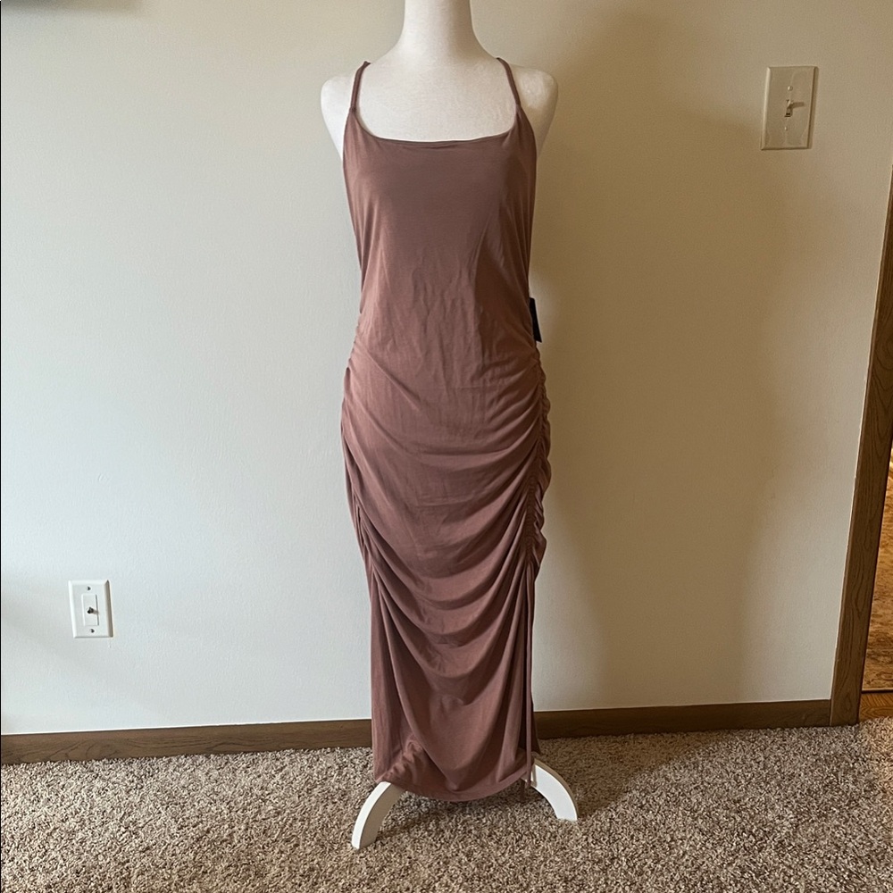 Express Brown Ruched Maxi Dress